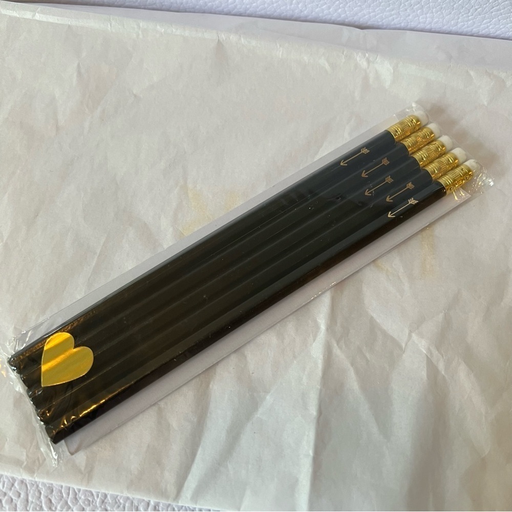 NEW Letter C Design Hand Foil Stamped Pencils black gold arrow 5 pack